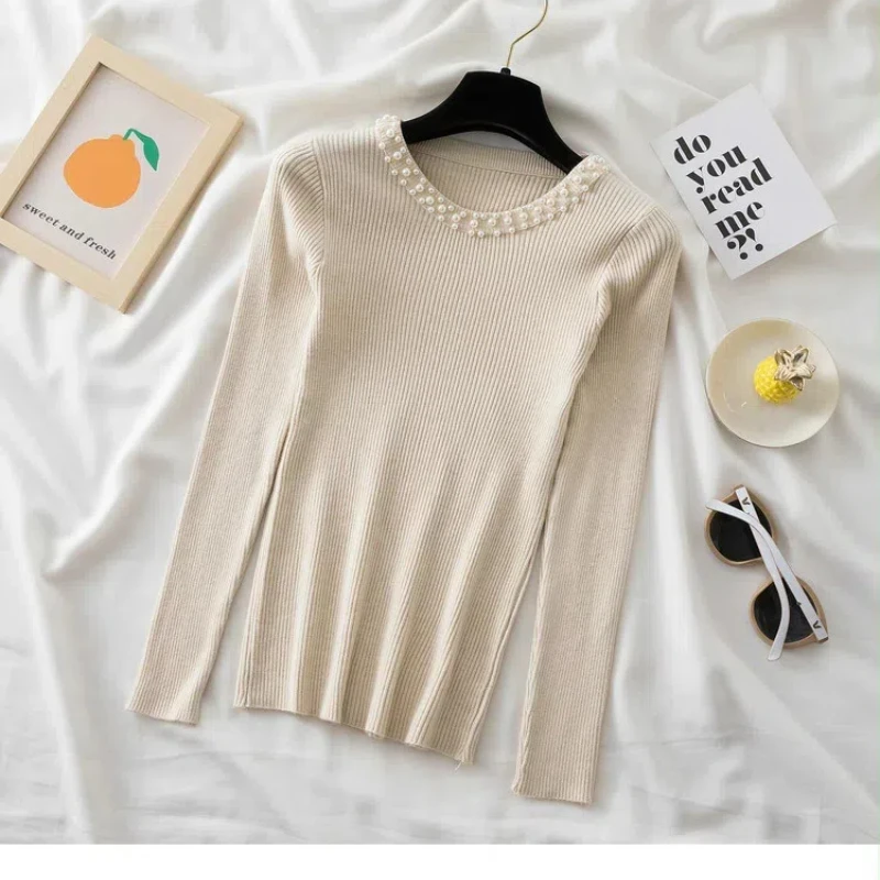 New Autumn and Winter Fashion Women's Casual Women's Long Sleeved Sweater Elegant Pearl Decoration Office Knitwear 28743