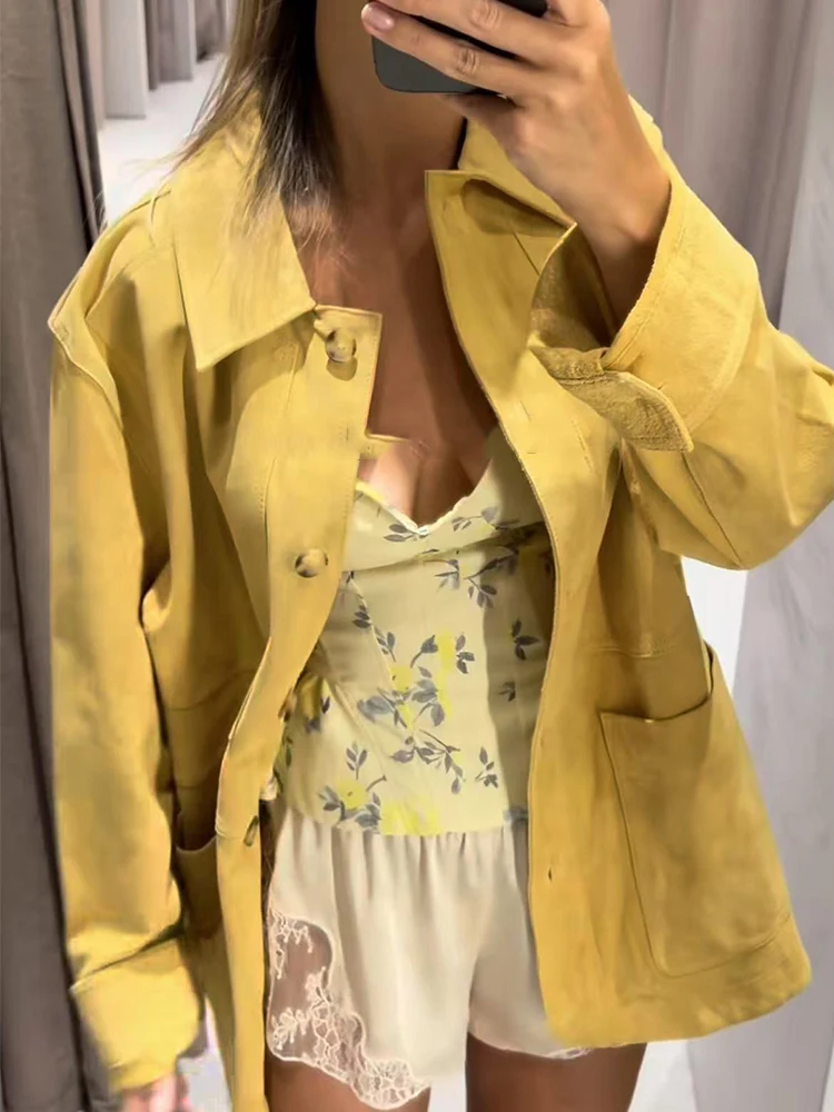 TFMLN Casual Women's Solid Suede Vintage Coat Fashion Lapel Single Breasted Pocket Loose Jacket Female Commuting Outerwear