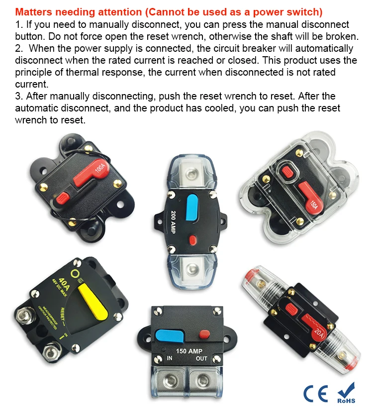 Description Picture 4 of itemCircuit Breaker Reset Fuse 12v 24v 48v DC 20A-300A 250A Solar Fuse Car Boat Audio Manual Power Protect Fuse Resettable Insurance