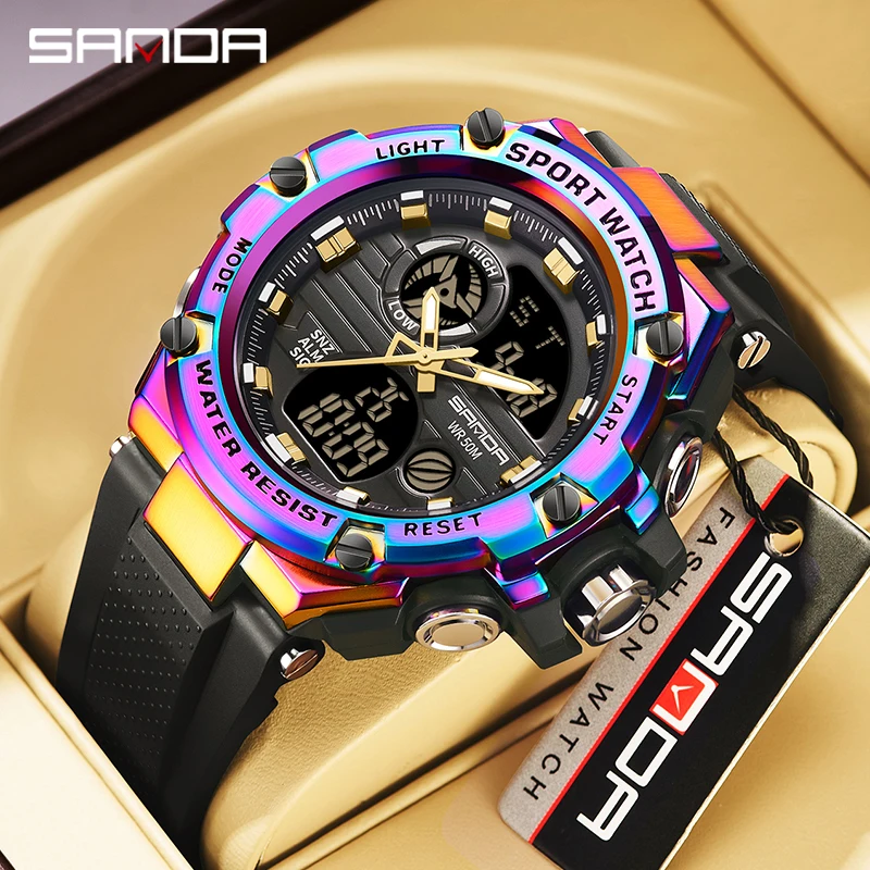 

2024 SANDA 3196 New G style Mens Dual Display Electronic Quartz Watches Outdoor Sports 50M Waterproof LED Digital Date Watch