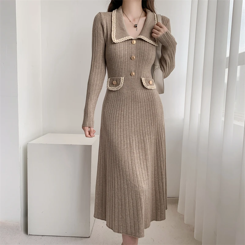 Vestidos de punto de otoño e invierno para mujer, cuello vuelto, moda coreana, corte en A, vestido liso informal, vestidos ajustados para mujer, nuevo