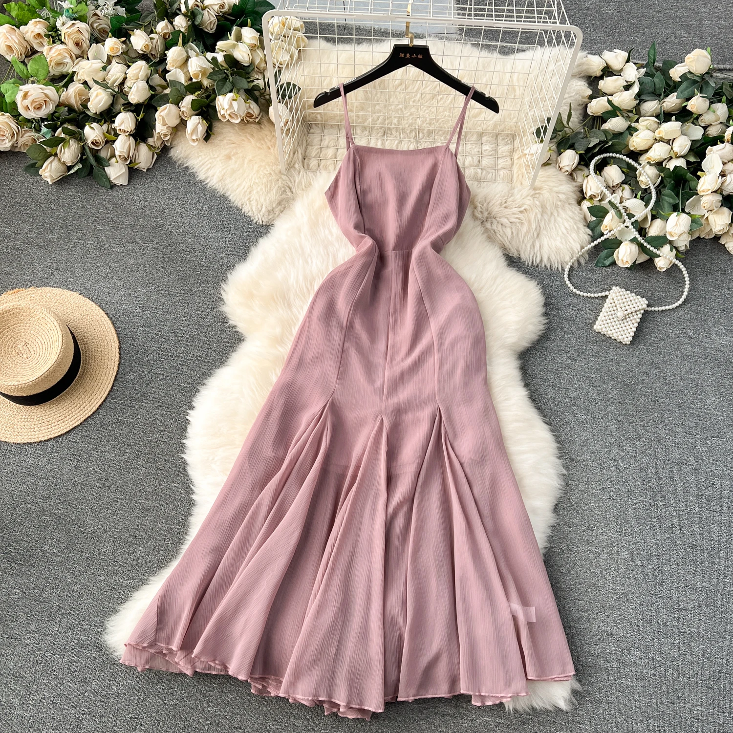 

MSHARBOR French Gentle Ladies Midi Dress Women 2024 Spring New Holiday Hollow Out Socialite Party Halter Fishtail Dress