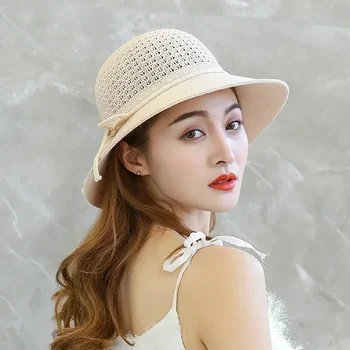 Hats for Women Summer Braided Beach Sun Hat Solid Color Sunshade Lady Visor 6cm Brim Sunhat Travel Vacation Accessories 2
