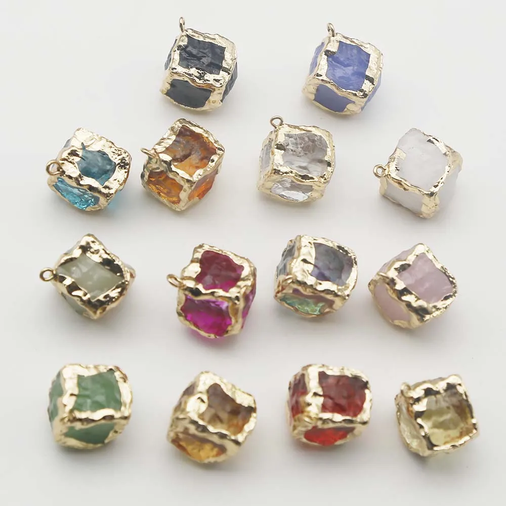 New Cross Border Multi Color Gold Cube Edge Pendant Crystal Glass Gold Edge Diy Jewelry Keychain Accessories 10Pcs Free Shipping