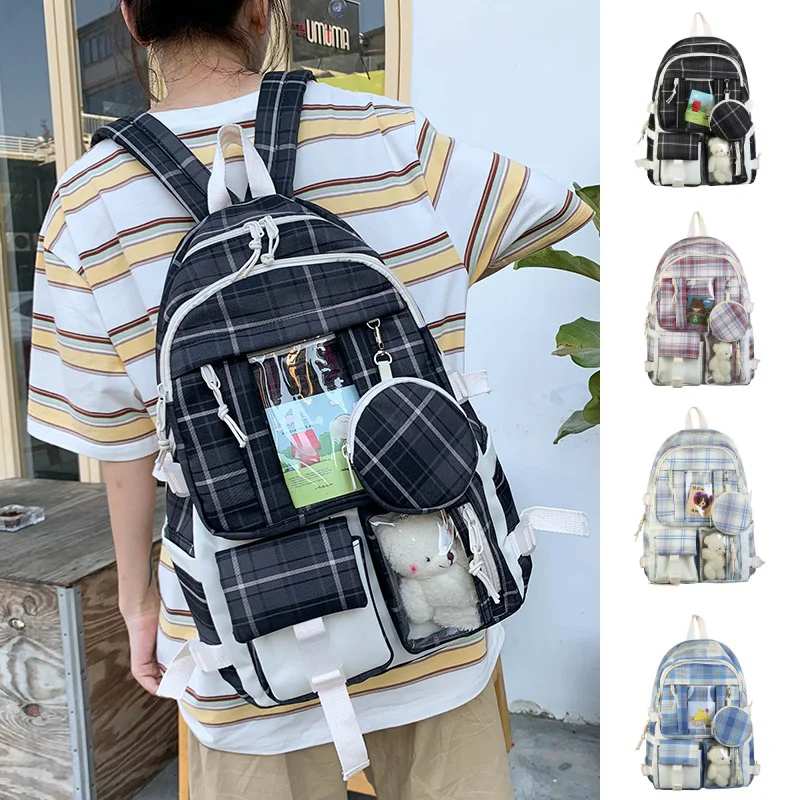 

Schoolbag Large Capacity Plaid Print Girls Backpack Middle School Student Campus School Bag Youth Outdoor Travel Backpack