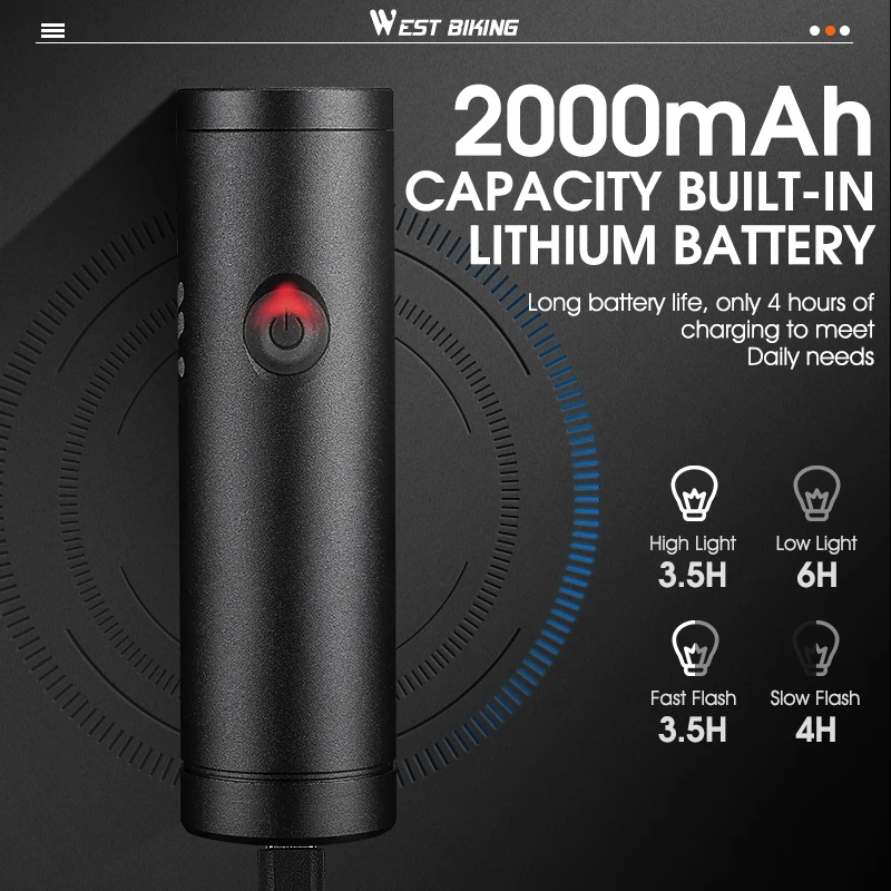 WEST BIKING Bicycle Front Light 500LM USB Rechargeable Aluminium Alloy Flashlight Cycling Headlight Aluminium Alloy Bike Lamp