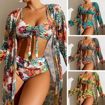 3-Piece High-Waist Bikini Set with Cover-Up – Sexy Women's Swimwear