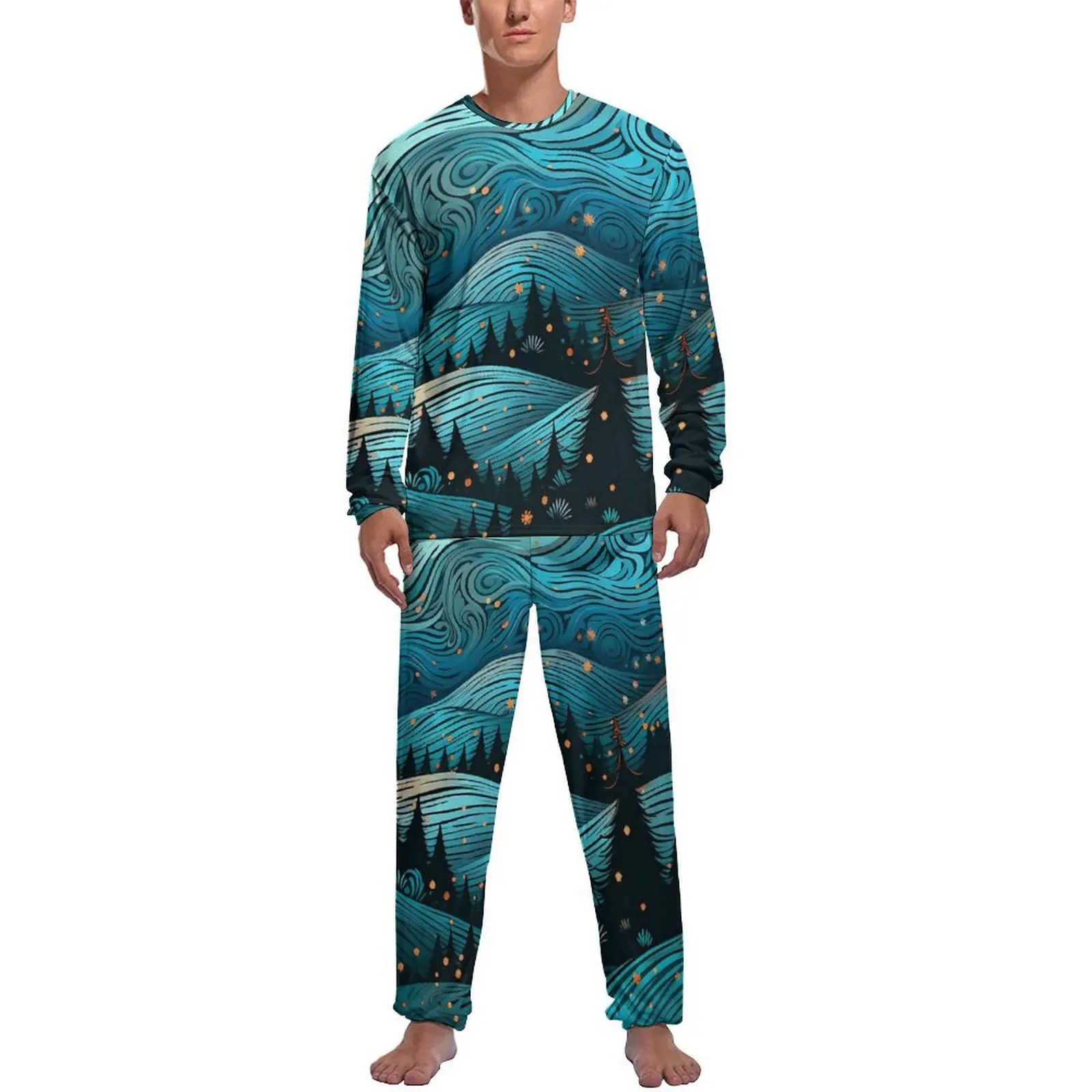 

Starry Night Print Pajamas Men Abstract Swirls Warm Home Suit Autumn Long-Sleeve 2 Pieces Home Custom Pajama Sets