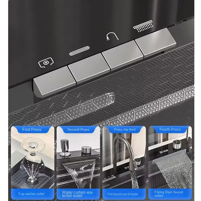 304 Stainless Steel Waterfall Kitchen Sink Large Single Slot Integrated Digital Display Faucet Set Soap Dispenser Cup Washer 3
