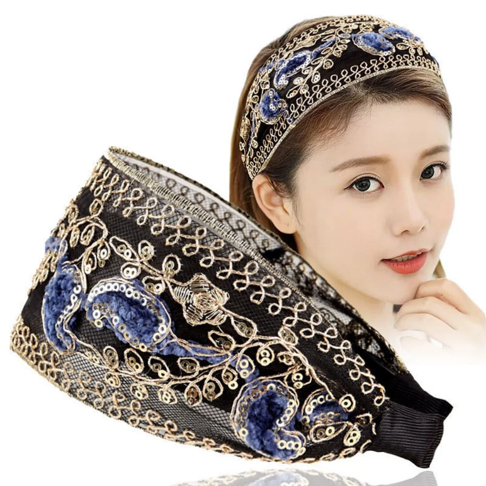 Spitze bestickte Blume Stirnband breite Frauen Haar Hoop Kopfbänder gezahnt rutschfeste Haarband Lünette Haar-Accessoires Kopfschmuck – Detail 10