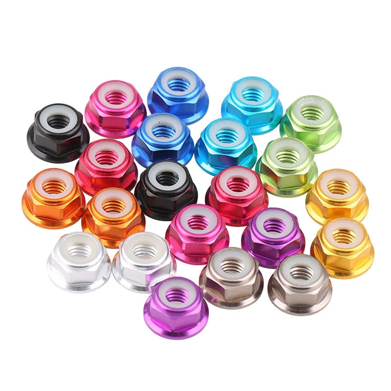 10 pçs m2 m3 m4 m5 m6 alumínio flange náilon porca de bloqueio anodizado vermelho/preto/azul/azul claro/laranja/dourado/roxo/rosa/tira/cinza