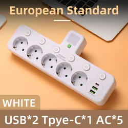 European Multi - Outlet Wall Power Strip with USB and Type - C Ports, 2500W Max Capacity - EU Plug (5USB White)
