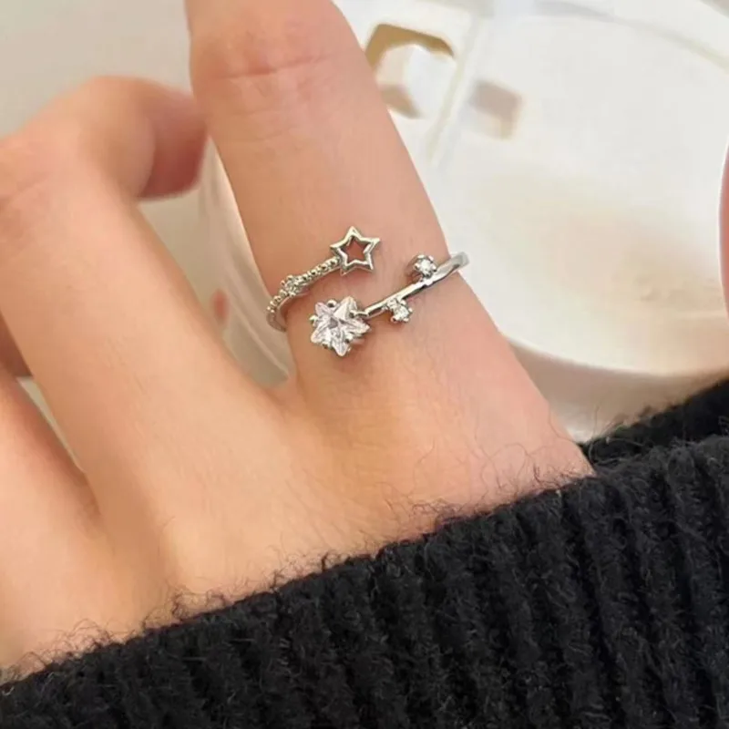 Korean Simple Shiny CZ Hollow Star Ring for Women 2024 New Fashion Open Finger Rings Party Jewelry Gifts Free Shippping Items