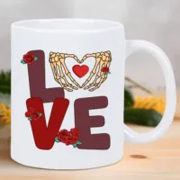 Retro Valentine's Love Ceramic Coffee Mug – Reusable, Hand-Wash Only, White with Skeleton Hands & Roses Design – Perfect Gift fo 4