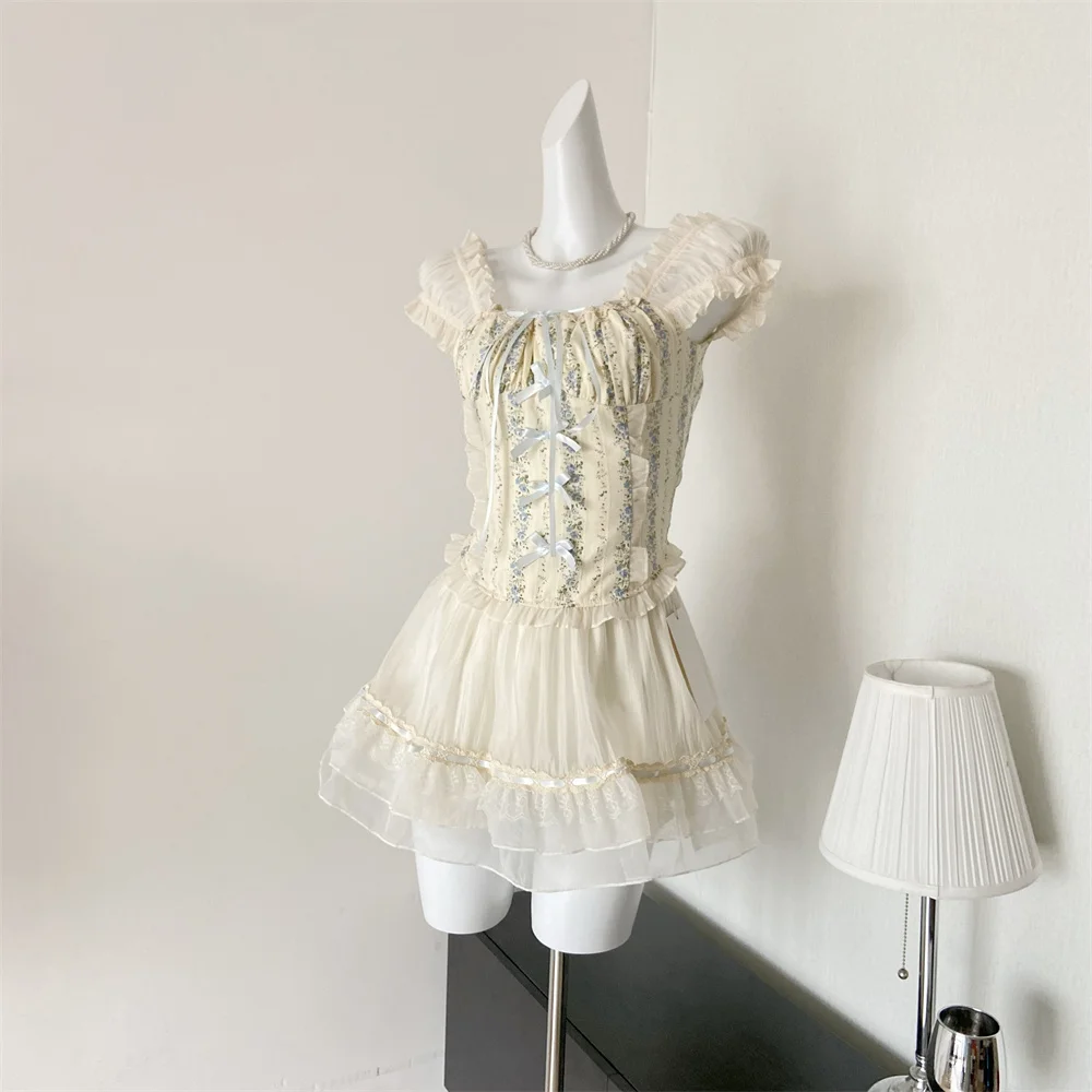 Y2K Two-piece Skirt Set Off Shoulder Square Collar Lace-up Cropped Top A-line Mini Skirt Sweet Summer New Slim Princess Outfits