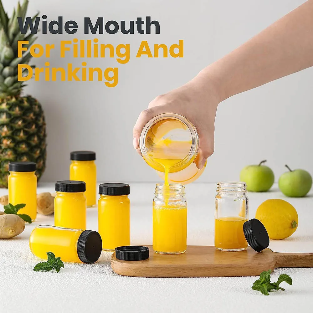 2oz Small Clear Glass Bottles with Lids for Liquids, Wide Mouth Short Jars Mini Glass Juice Bottles for Potion, Ginger Shots Oil 4
