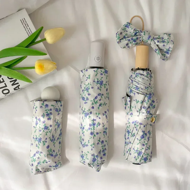Elegant Blue Floral Umbrella, Gentle Style, Sun Protection, Three-Fold Automatic