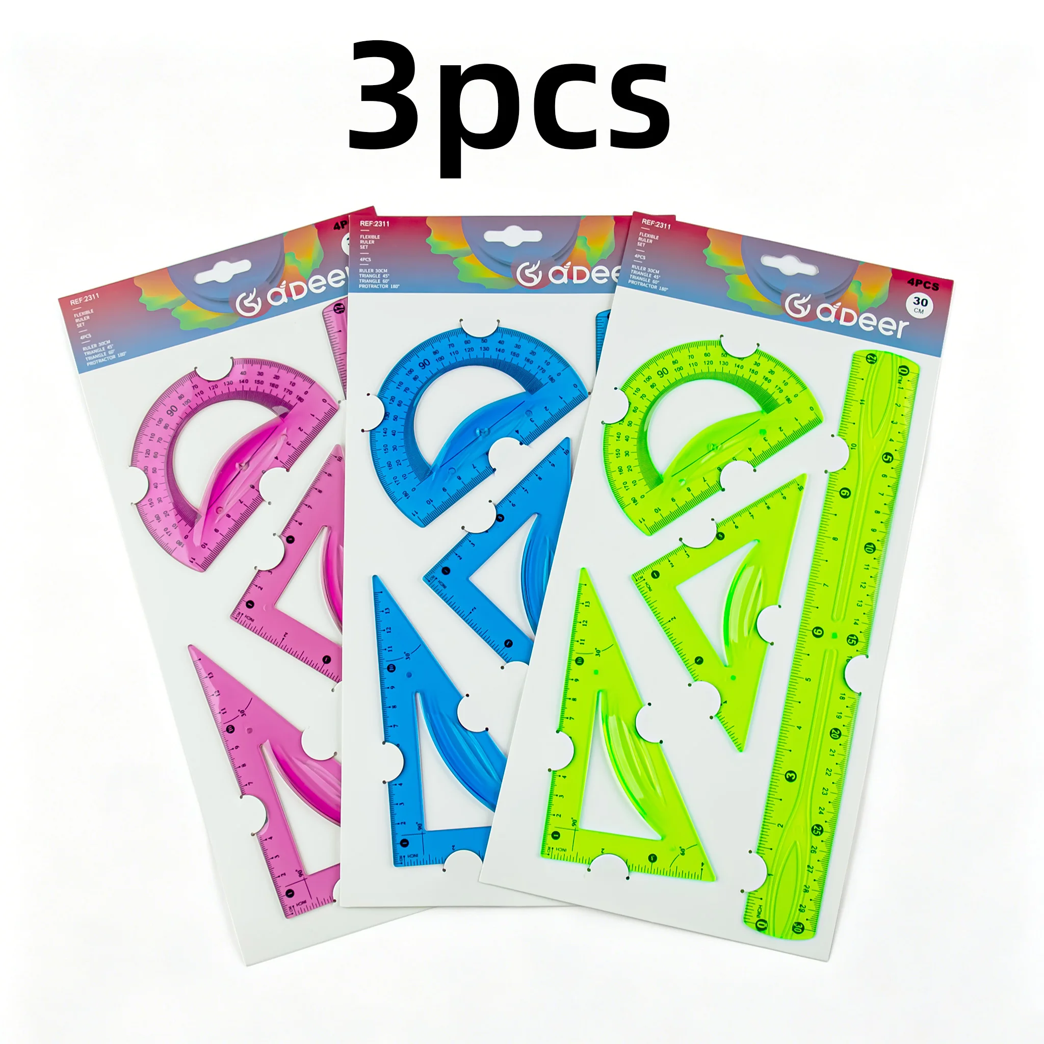 30cm 투명 소프트 자 세트 - 4개, 삼각형과 각도기 포함, 다양한 색상, 측정 및 그림 그리기에 이상적