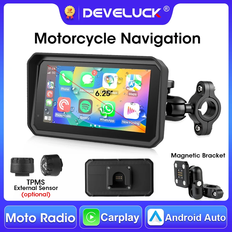 Develuck 6.25" Motorcycle Navigation GPS Multimedia Player Wireless Carplay Android Auto Helmet Bluetooth Monitor Magnetic Mount