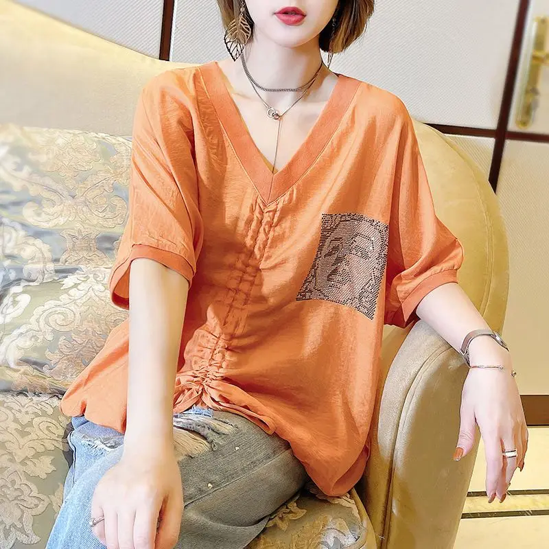 2023 Short Sleeve Shirt Women's Summer New Casual Loose Large Half Sleeve V-neck Top Panel Pleated Fashion Casual Korean Version