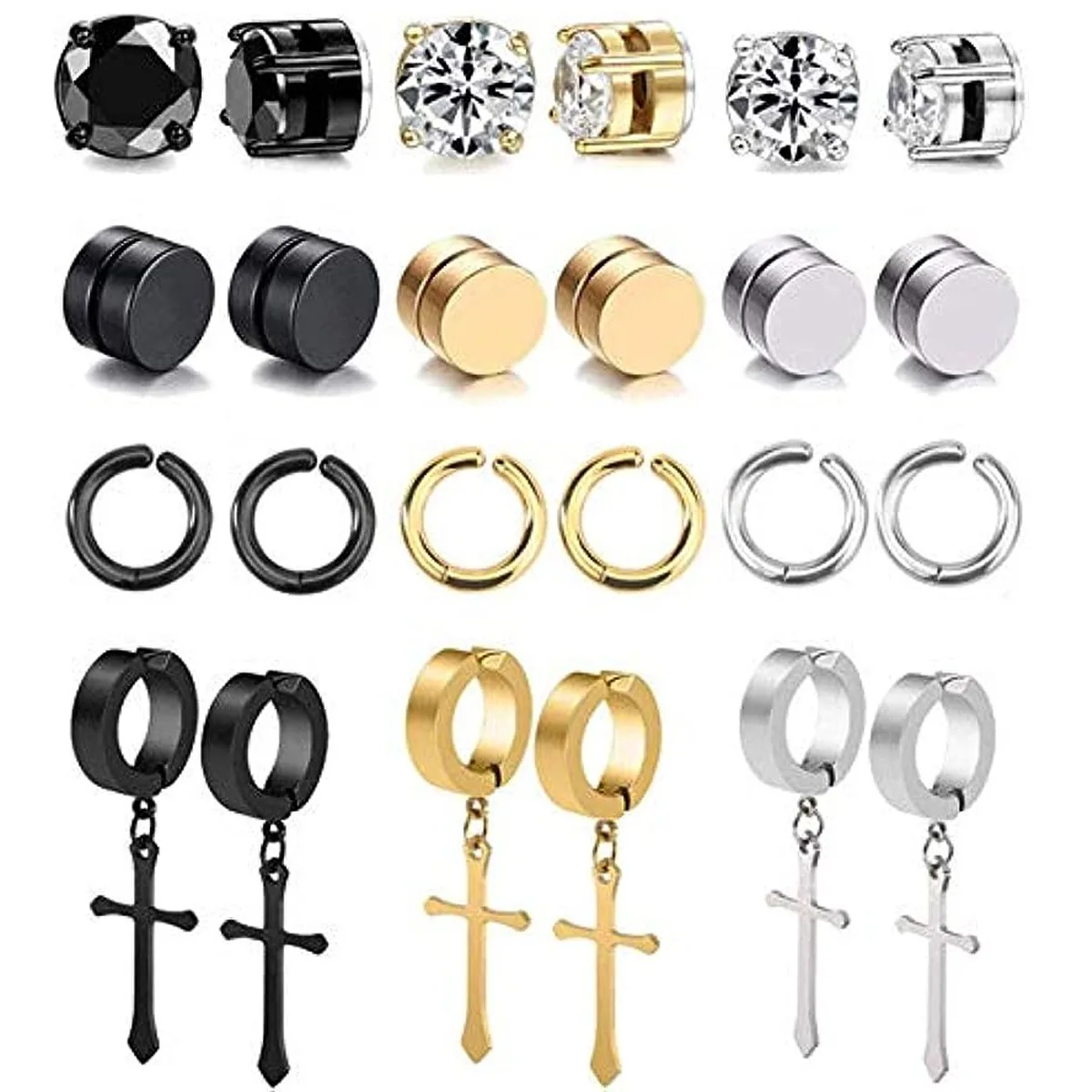 4 Pairs Simple Stainless Steel Magnetic Stud Earrings for Men Cross Pendant Ear Clips