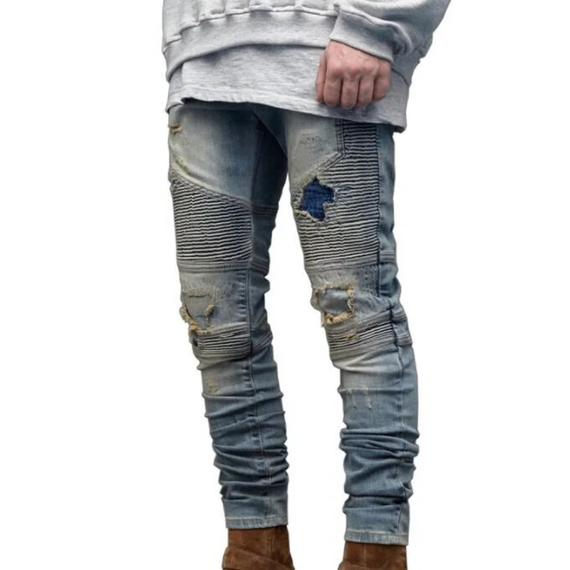 

Men's Ripped Jeans Slim Fit Small Feet Jeans Men Pleated Oversize Pants Men Hip Hop Jeans Size 28-38