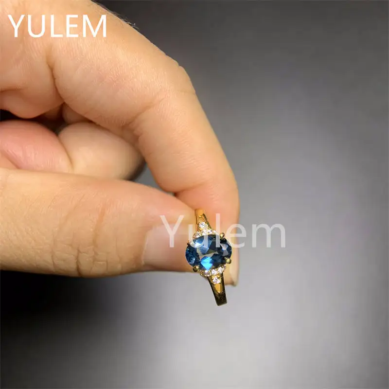 여성용 천연 런던 블루 토파즈 보석, 트렌디 반지, 진짜 , 고급 주얼리 탄생석 선물, 6*8mm