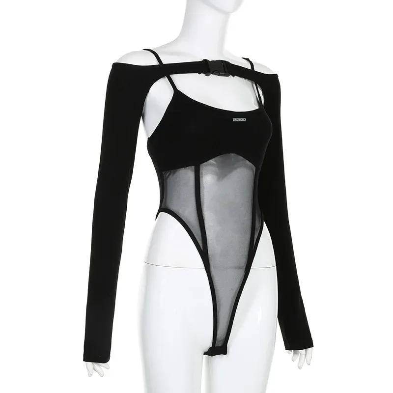 Traje de festival de verano de una pieza con parches de color liso, lencería informal de manga larga, mono sexy con cordones ligeramente transparentes