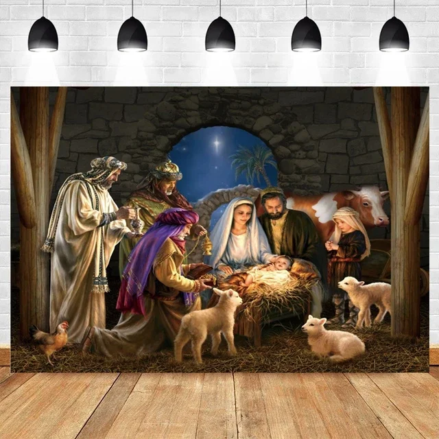 thumbnail image 1 of Fondo de escena de la natividad de Navidad con el nacimiento de Jesús, la Santa Cruz y la Biblia, perfecto para estudio fotográfico, decoración de pared, 1 of 5