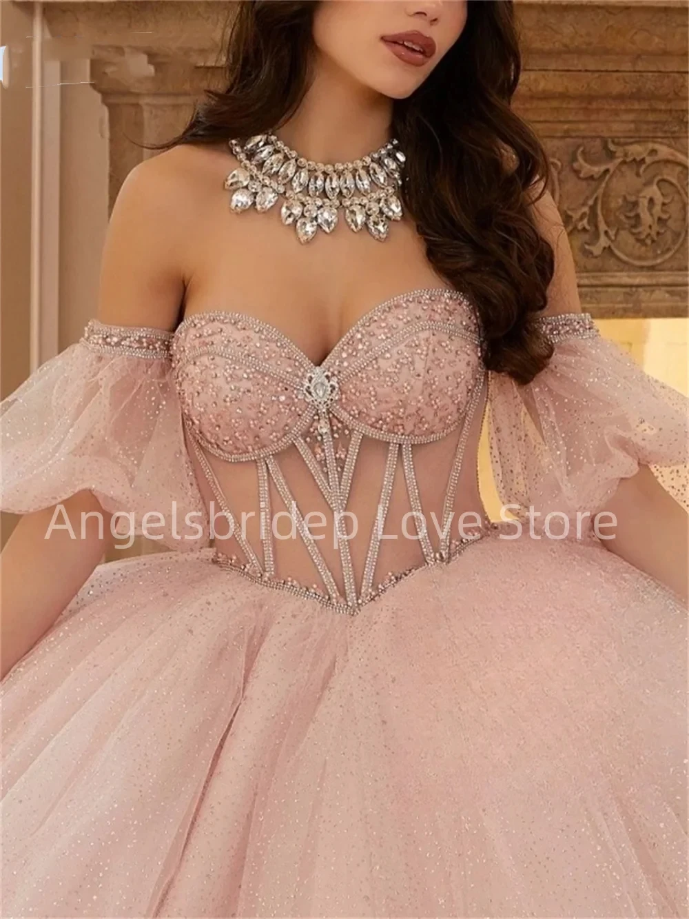 Angelsbridep Light Pink Off Shoulder Ball Gown 15 Year Old Quinceanera Dresses Shiny Princess Vestidos De Xv A&ntilde;os