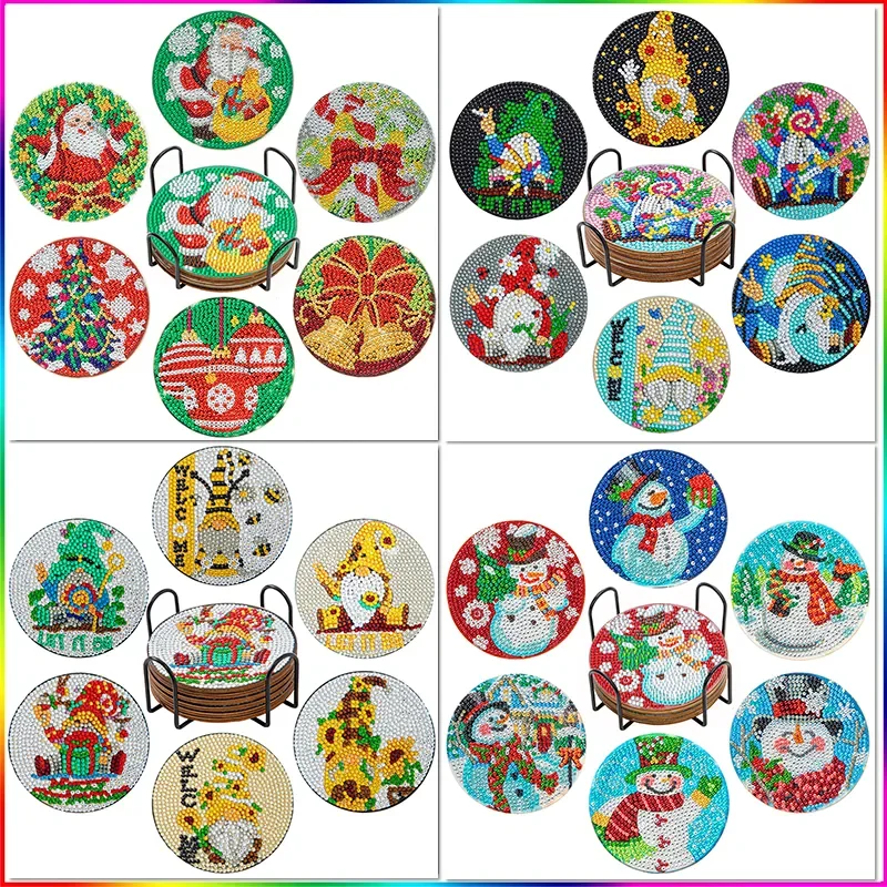 

GATYZTORY 6pcs/Set DIY Diamond Painting Coaster Set Christmas Pattern Drill Point Drill Coaster Cup Cushion With Rack Gifts
