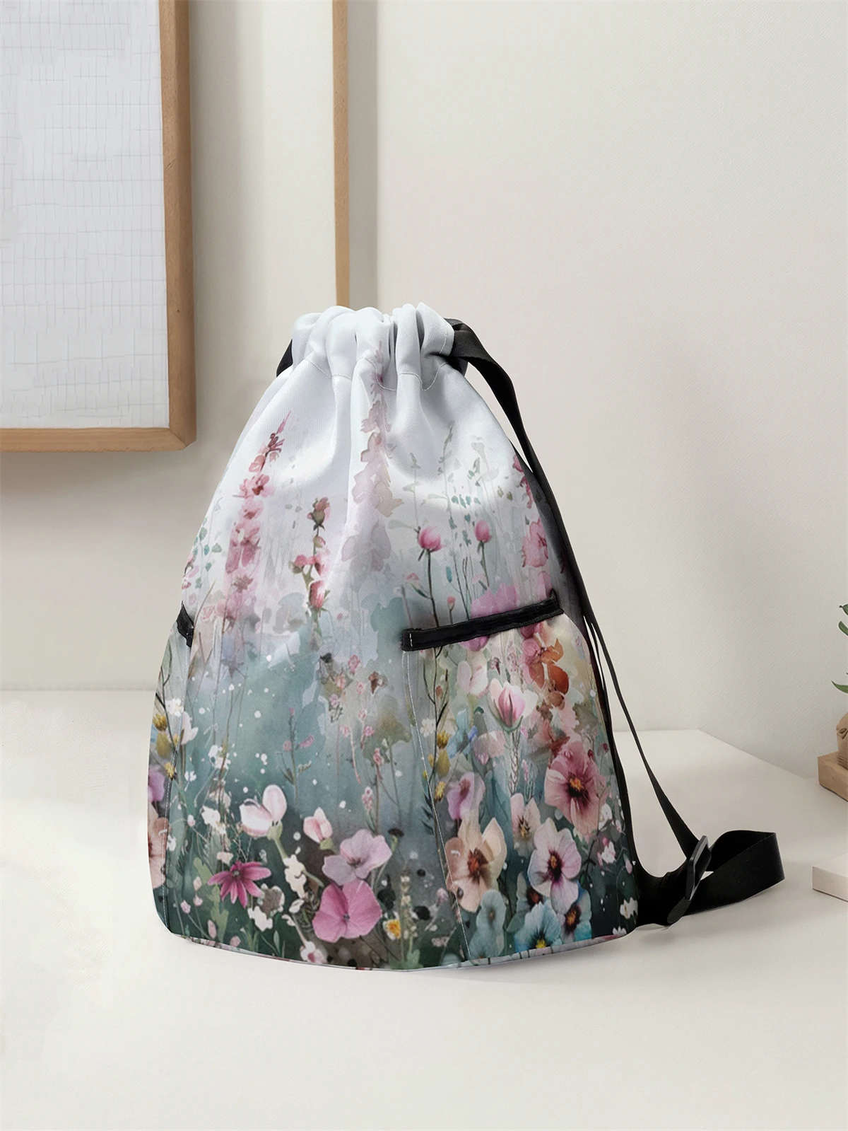 Floral Pattern Printed Drawstring Backpack - Large Capacity Durable Fitness Bag, Sports Beach Backpack