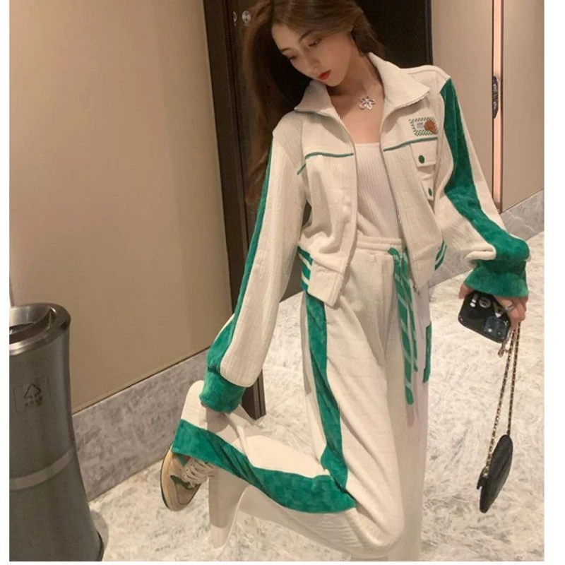Korean Version of Casual Sportswear Suit for Women's Spring Autumn 2023 New High Design Fashion Wide Leg Pants Two-piece Set