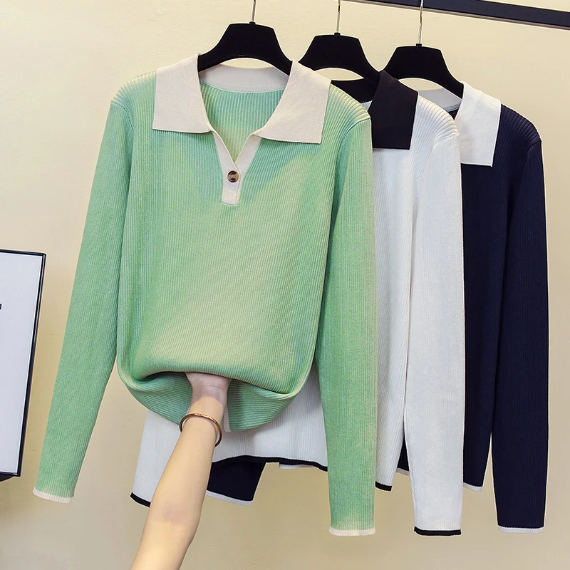 

Женский пуловер с длинным рукавом, плотный мешковатый джемпер с воротником-поло, большие размеры, в Корейском стиле, для осени и зимы