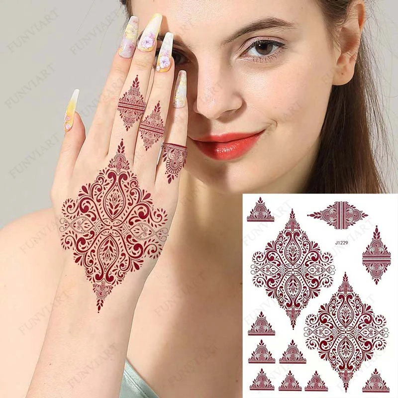 Brown Henna Tattoos Women Waterproof Temporary Henna Sticker for Hand