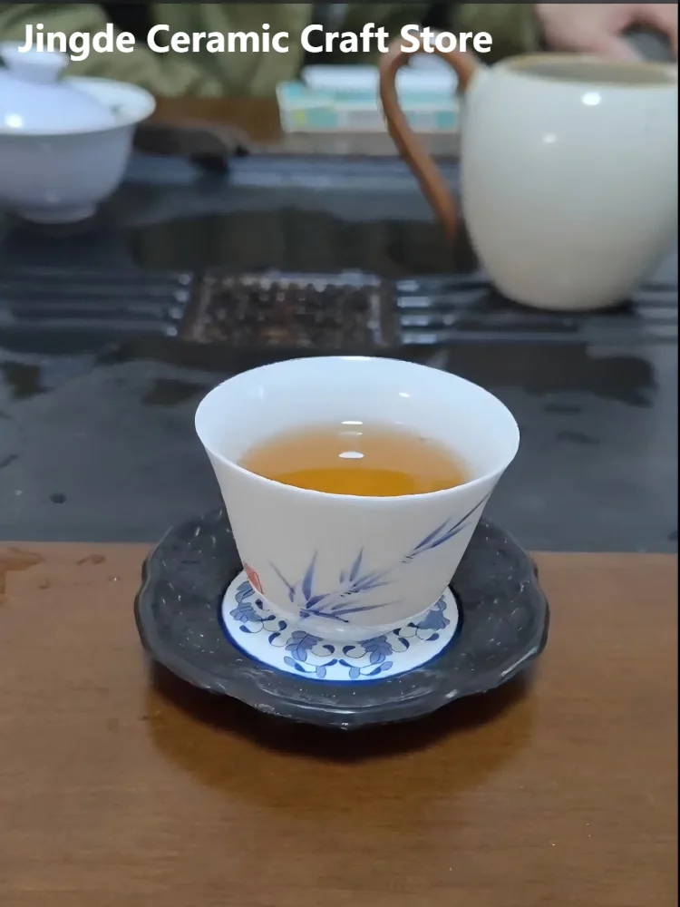 Jingdezhen Hand-painted Kung Fu Tea Cup, Master Hand Drawn Tea Cup And Coaster Set。 Bamboo Representing Wealth And Prosperity