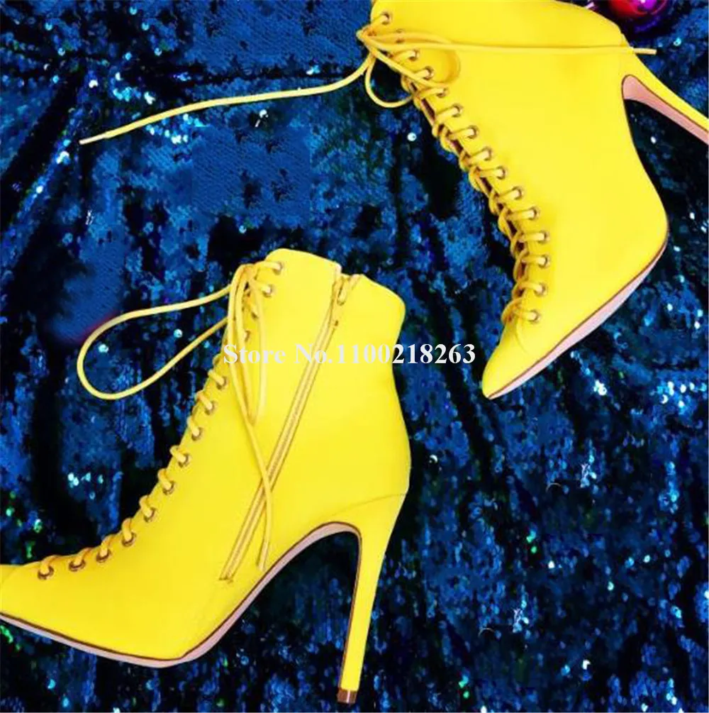 Newest Women Suede Short Boots Elegant Round Toe Black Pink Blue Lace-up Stiletto Heel Ankle Booties Party Dress Pumps Big Size