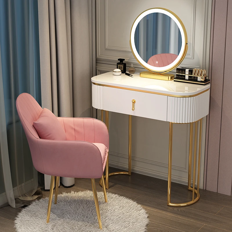 

Nordic Style Modern Minimalist Bedroom Furniture Dresser With LED Mirror Light Luxury Paint Non-slip Makeup Tables With Drawers