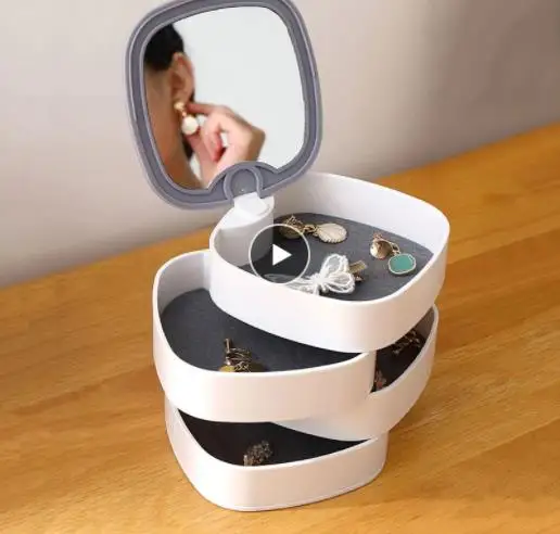 

Multi-layer Rotating Storage Box with Vanity Mirror Plastic Makeup Box Jewelry Organizer Necklace Earrings Display Hanging Rack