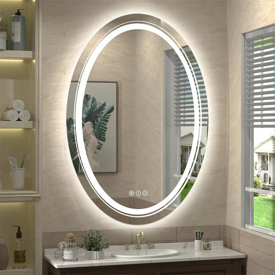 Oval Bathroom Mirror LED Makeup Mirror Anti-Fog Dimmable Light Memory Wall Vanity Shaving Mirror Backlit+Front Lighted