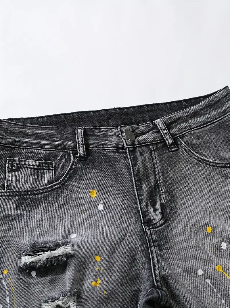 Jeans déchirés à éclaboussures de peinture pour hommes, pantalons