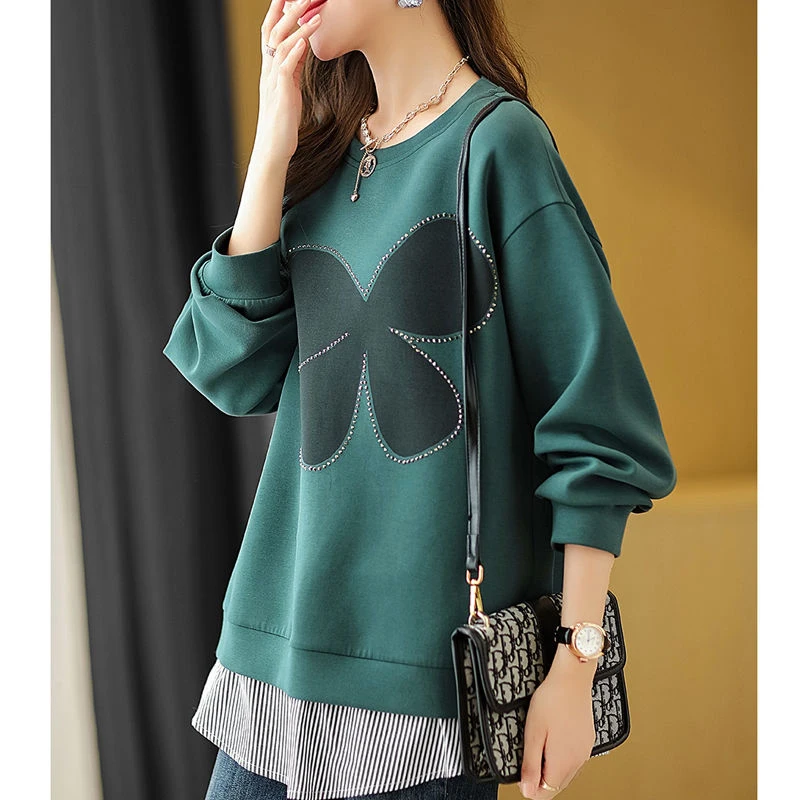 Autumn Winter O Neck Fake Two Pieces Bow Printing Sweatshirt Ladies Loose Casual Patchwork All-match Top Women Fashion Pullovers
