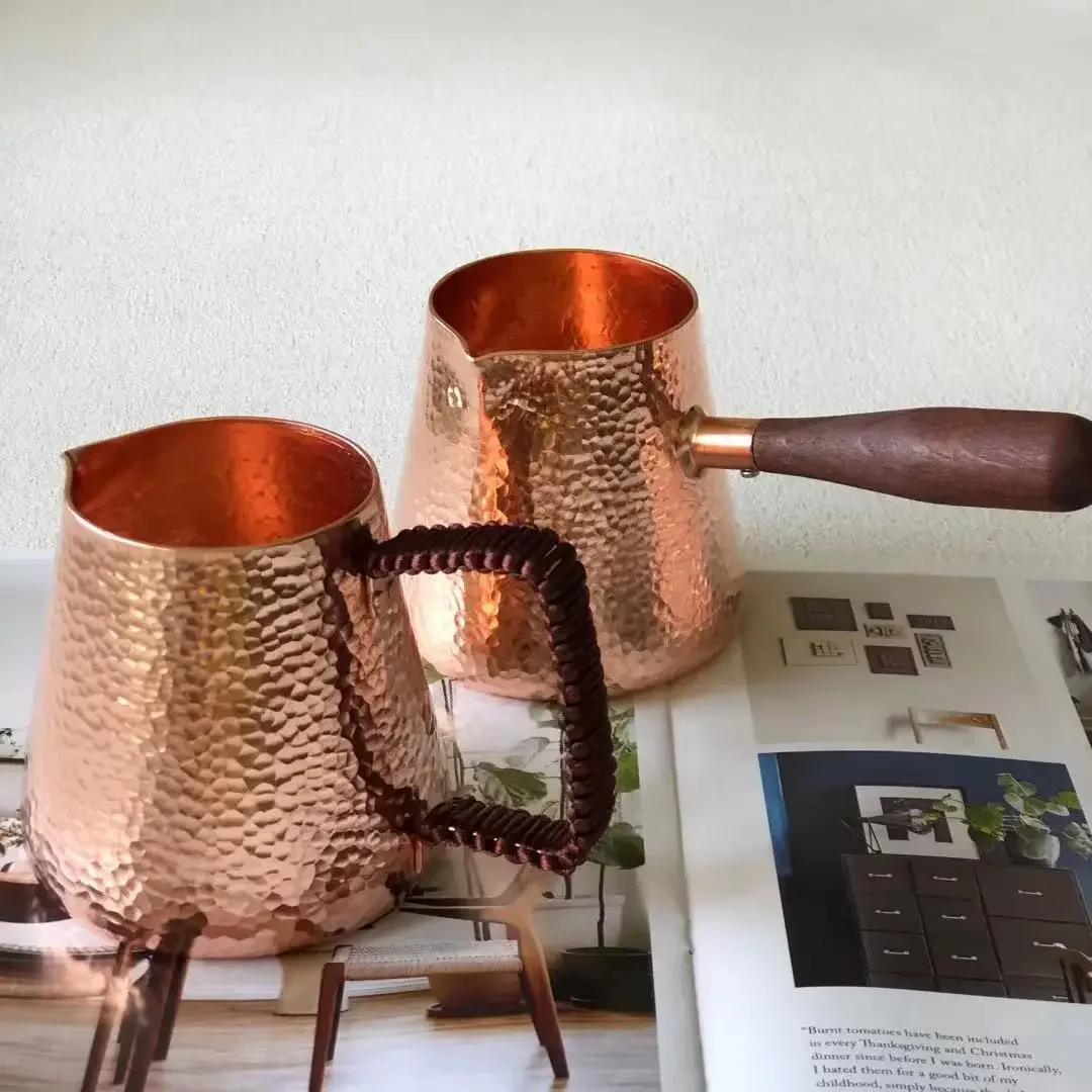 Pure Copper Latte Pitcher Milk Jug Wooden Handle Kettles Hammer Handcraft Drinkware Tableware 500ml