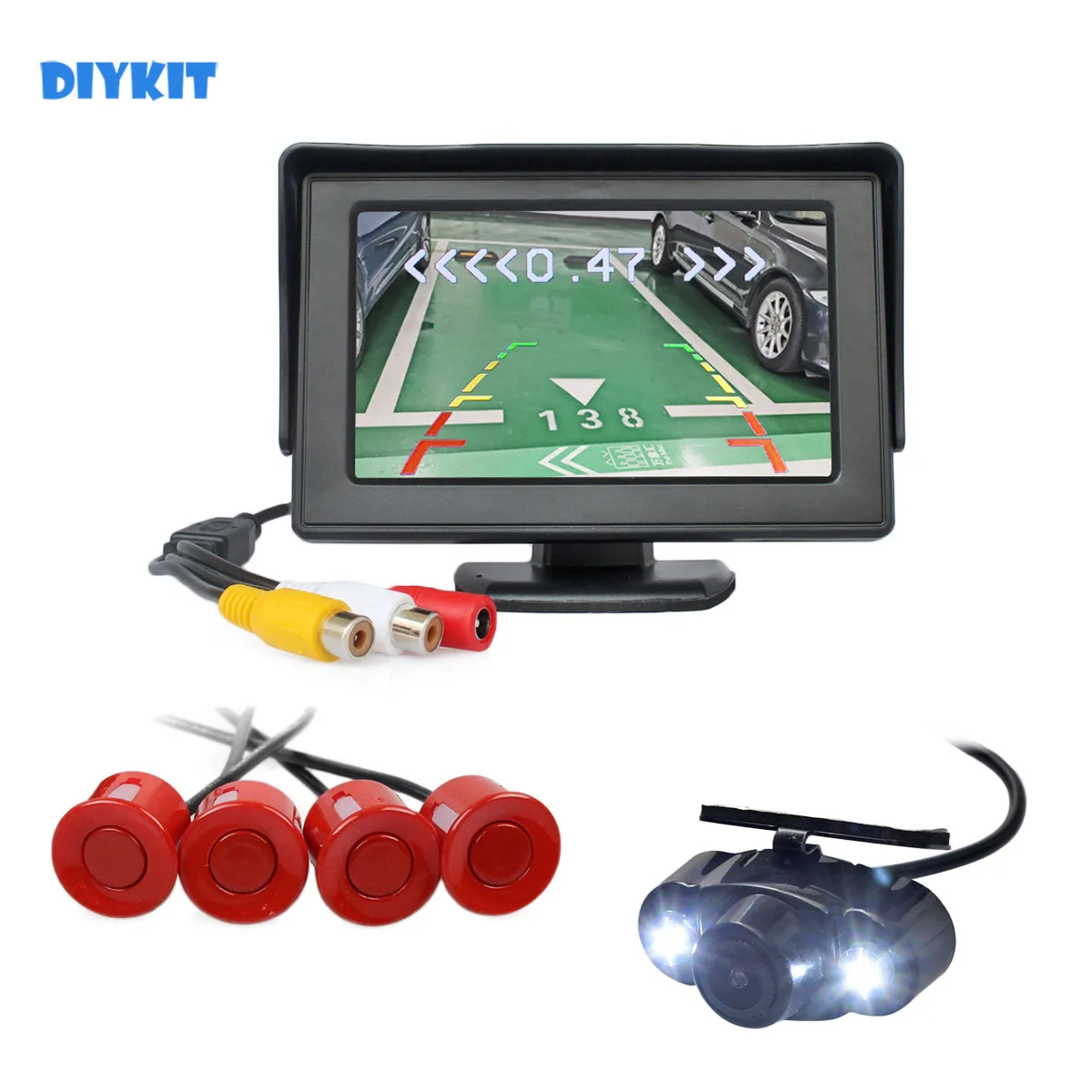 DIYKIT 4.3" Rear View Car Monitor Kit + Video Parking Radar + LED Night