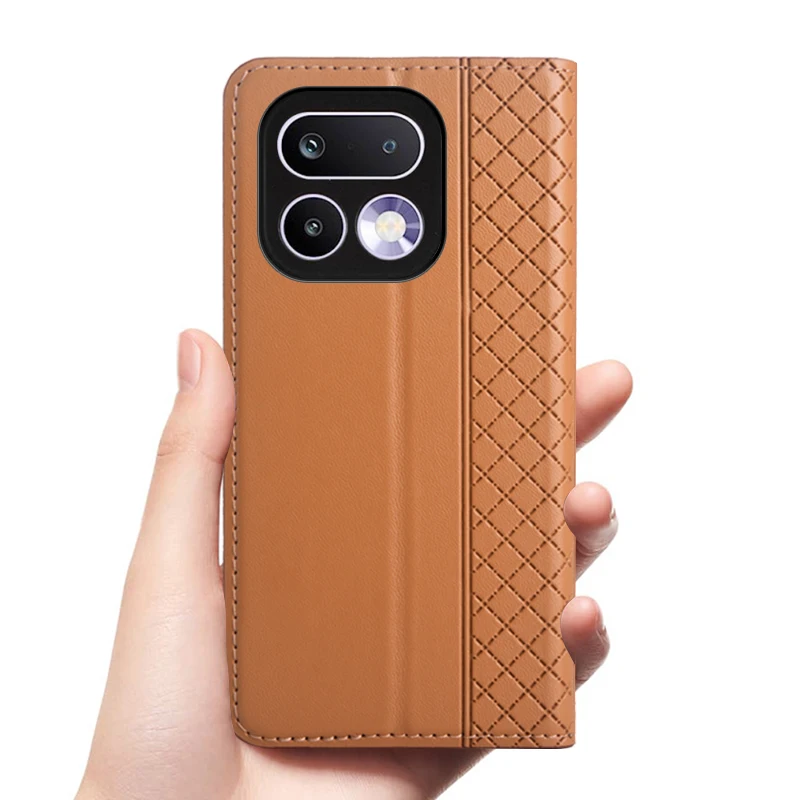 Genuine Leather Flip Case with Magnetic Closure and Card Pocket - Cowhide Grid Pattern Wallet Cover