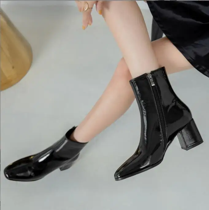 Women Classic Square Heel ladies Boots Lady square head Ankle Shoes Fashion side zip high heel ankle boots Platform Knight Boots