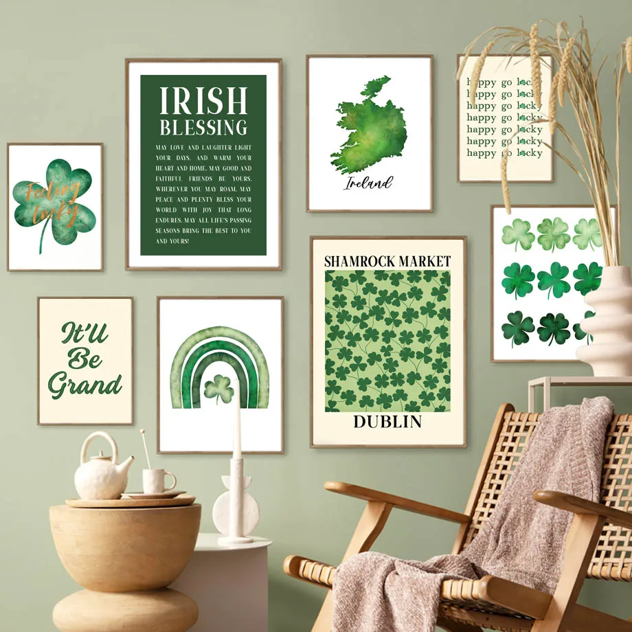 

St Patrick's Day Lucky Irish Shamrock Boho Rainbow Wall Art Canvas Painting Nordic Posters Prints Pictures For Living Room Decor