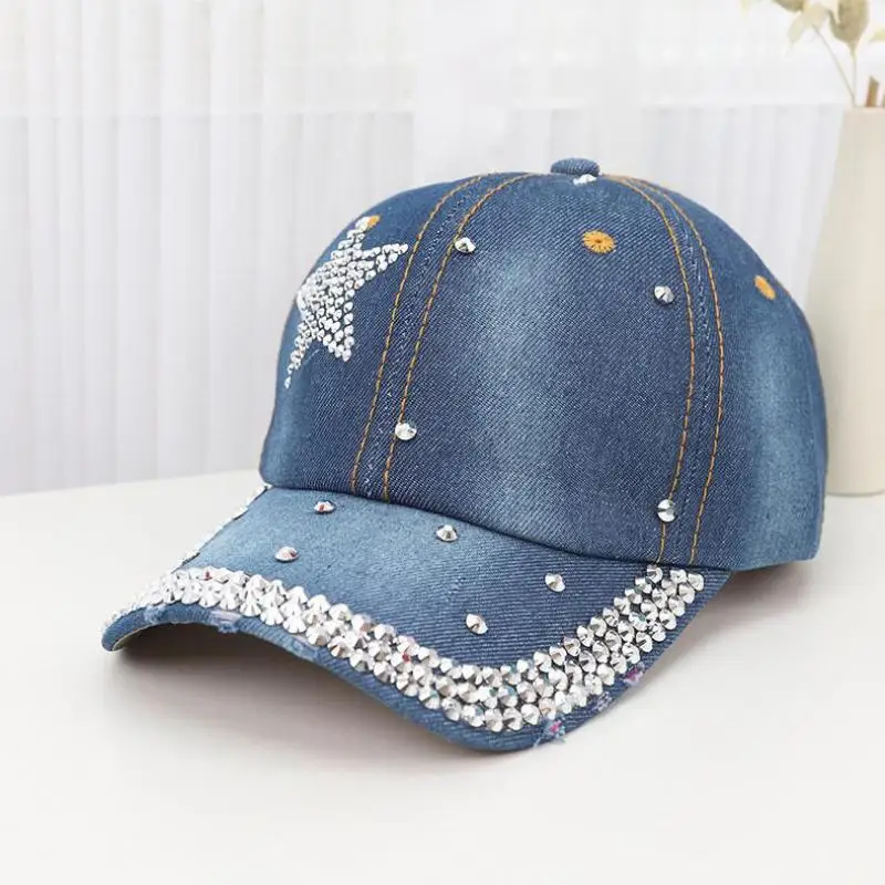 Baseball Cap Women Rivet Beads Letters Denim Cloth Snapback Hats For Women Men Unisex Sunshade Sun Hat Hip Hop Casual
