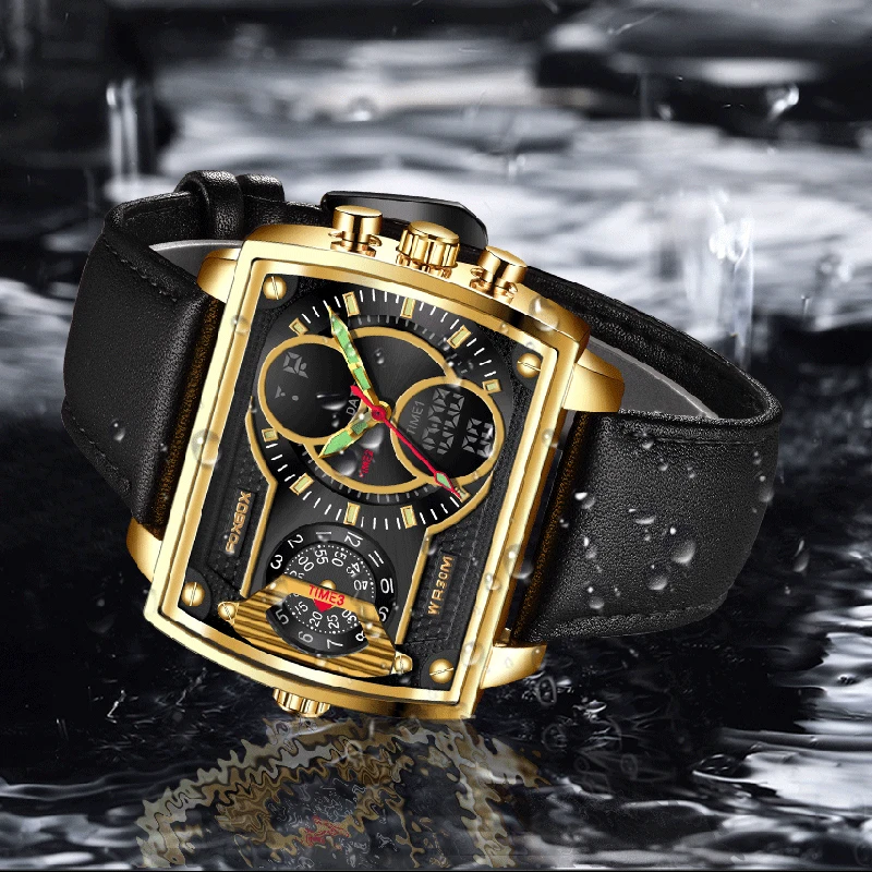 FOXBOX Mens Watches Top Brand Luxury Leather Strong Luminous Watch Men Fashion Analog Digital Quartz Watch For Men Reloje Hombre