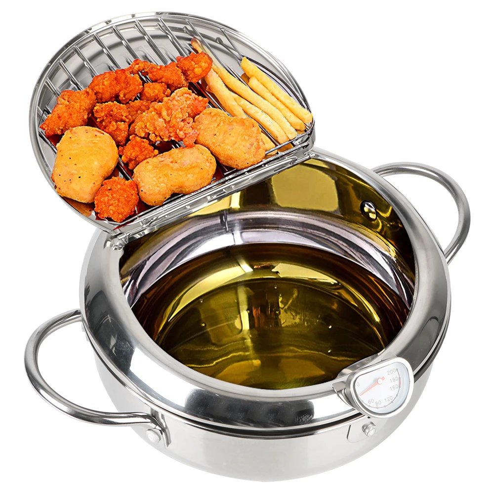 20 cm 2.2L Deep Frying Pot With Thermometer and Lid 2 Handles Japanese Style Tempura Fryer Pan 304 Stainless Steel